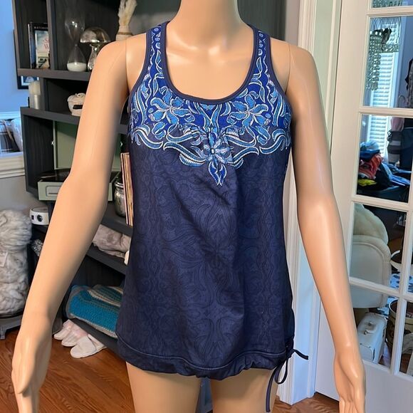 Athleta Blue Print Band Bra Racerback Side Tie Swim Tank Top sz S EUC - Picture 1 of 4